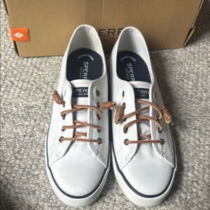 Sperry White and Brown Boat Shoes Classic Canvas Design